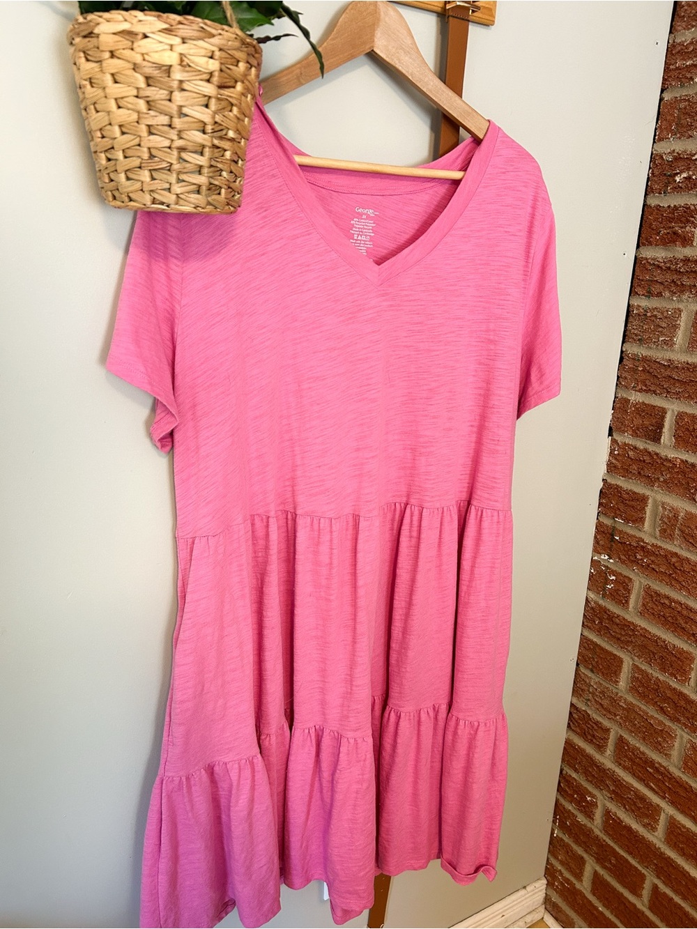 Pink V-Neck Tiered Dress - Comfort Casual